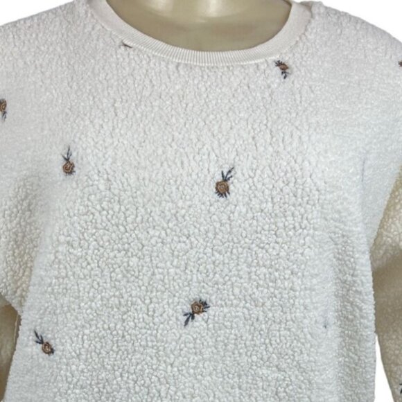 Loft Womens Cream Embroidered Long Sleeve Flowers Sherpa Pullover Sweater Sz XS - Picture 4 of 7